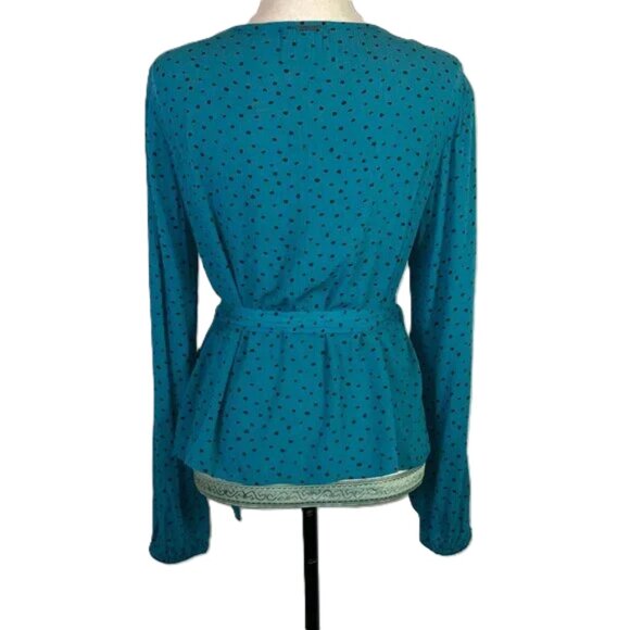Billabong Polka Dot Wrap Blouse Long Sleeves V Neck Teal Blue Green Black Size M - Picture 3 of 9